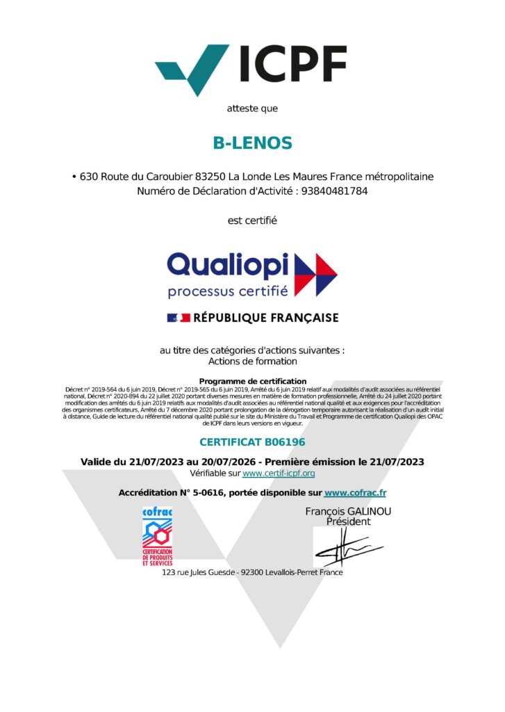 Certificat QUALIOPI - B-Lenos SARL