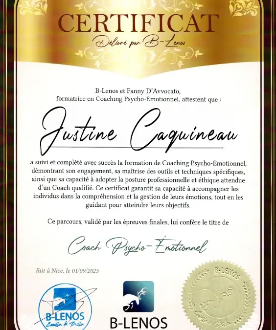 Justine Caquineau – Coach de Vie en Psycho-Émotionnel certifiée B-Lenos®