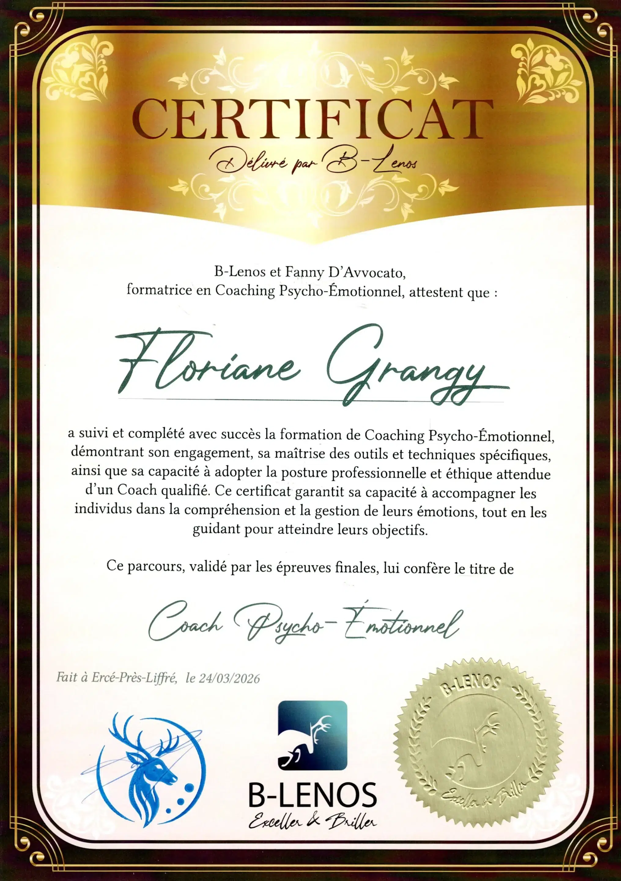 Floriane Grangy - Coach Psycho-émotionnel - Méthode B-Lenos - BL26-CPE-MUAT44RK