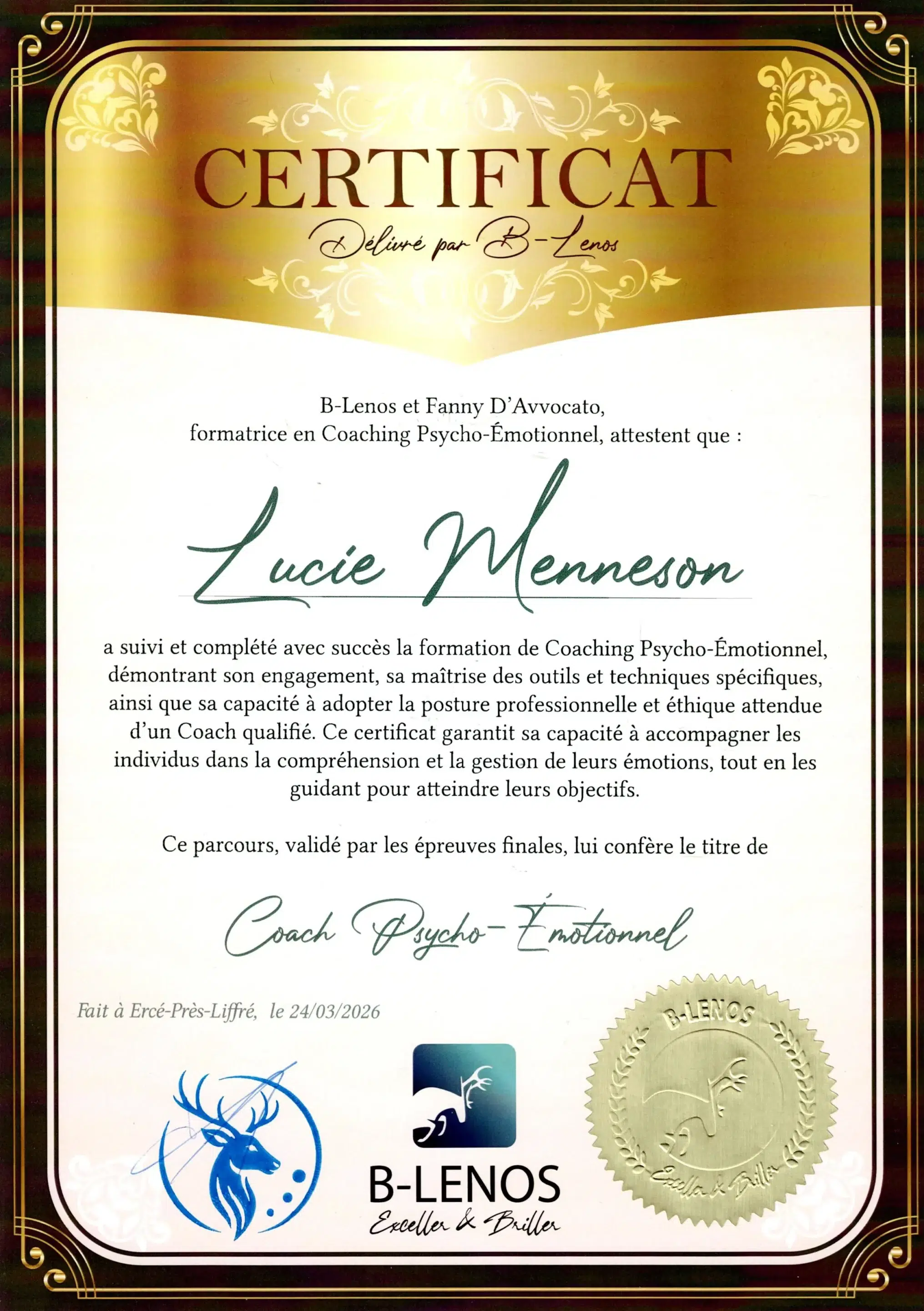Lucie Menneson - Coach Psycho-émotionnel - Méthode B-Lenos - BL26-CPE-LL2GTLOT