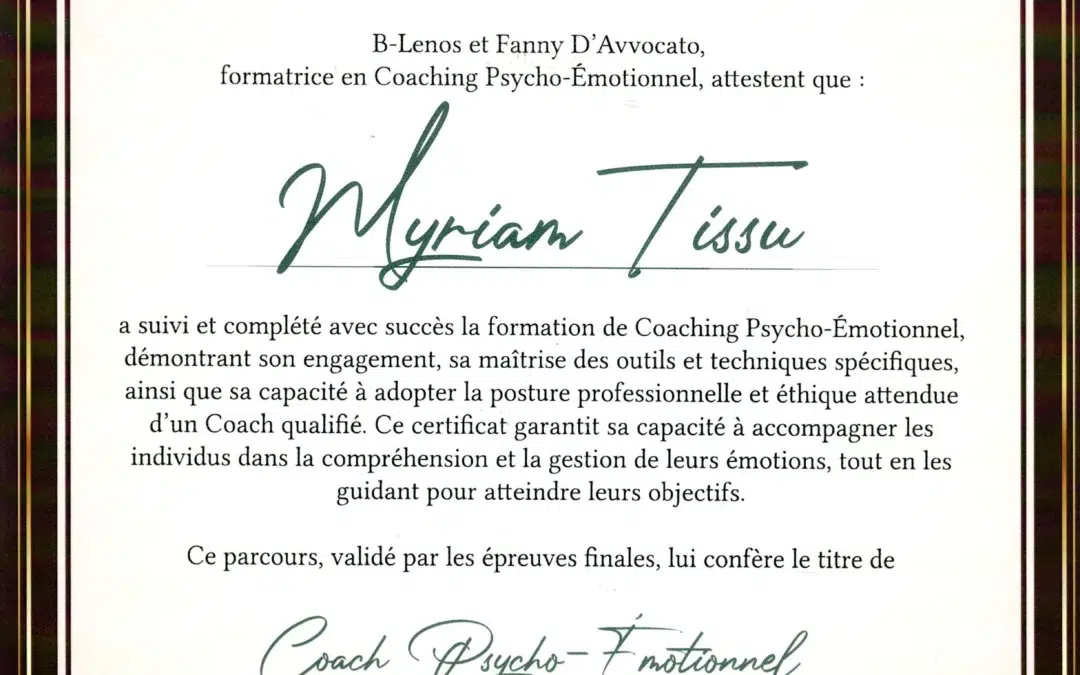 Myriam Tissu – Coach de Vie en Psycho-Émotionnel certifiée B-Lenos®