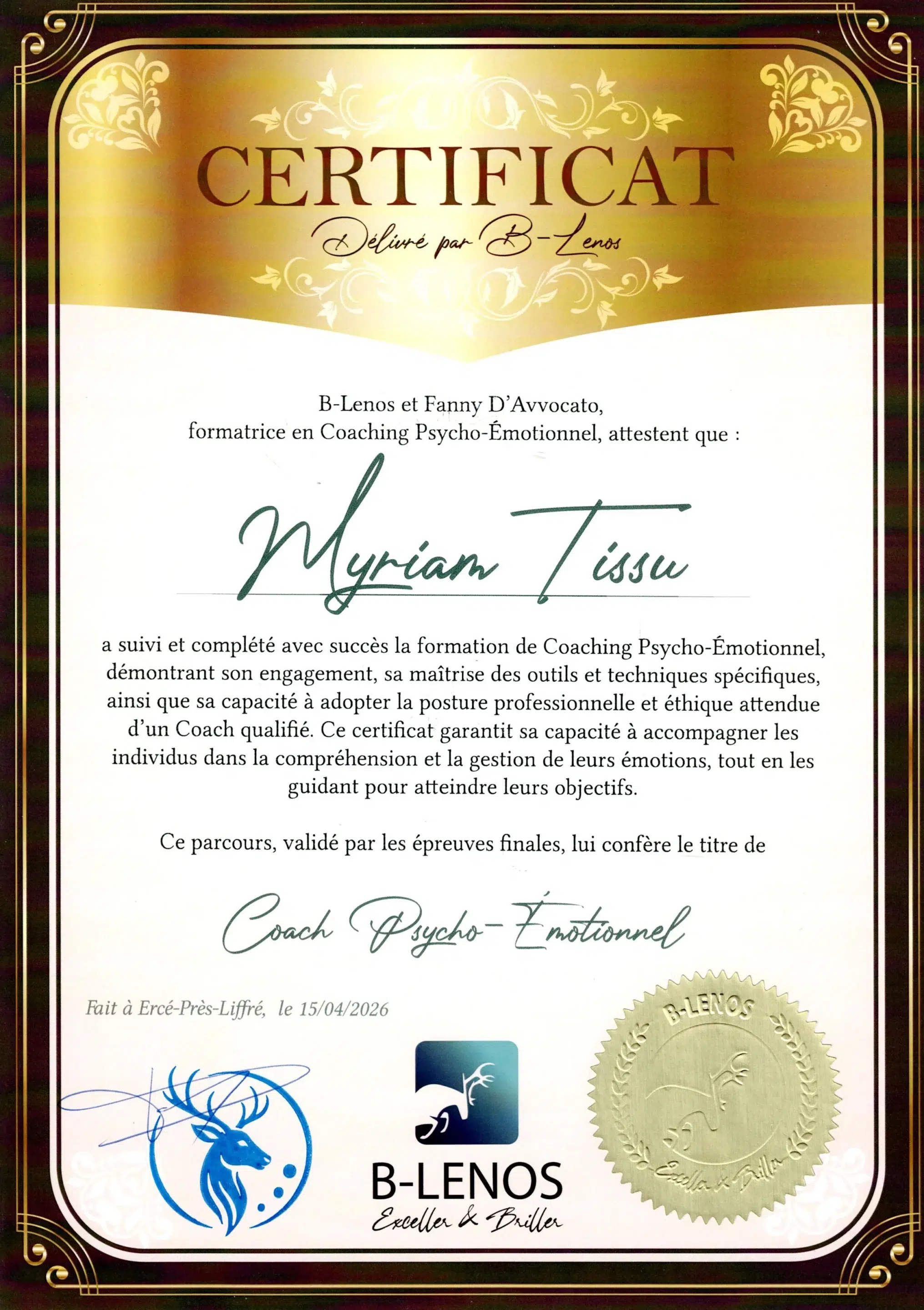 Myriam Tissu - Coach Psycho-émotionnel - Méthode B-Lenos - BL26-CPE-1Z16KBEA