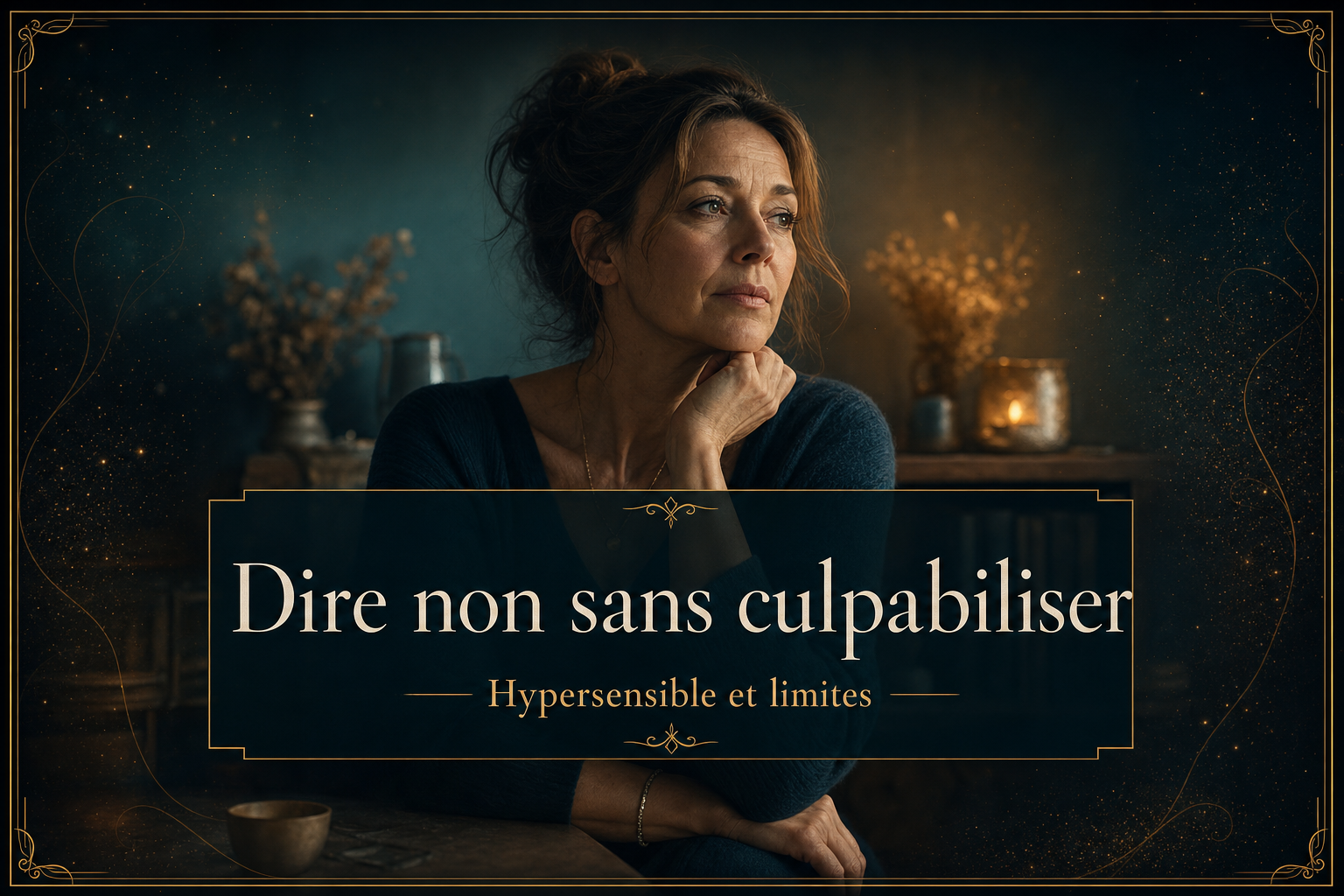 Femme mature et sensible posant ses limites avec dignité, lumière dorée apaisante