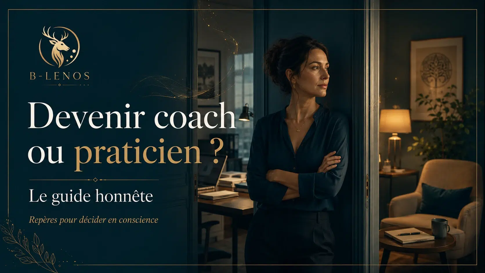 Devenir coach ou praticien : le guide honnête Femme réfléchissant à devenir coach ou praticien de l’accompagnement dans un cadre professionnel