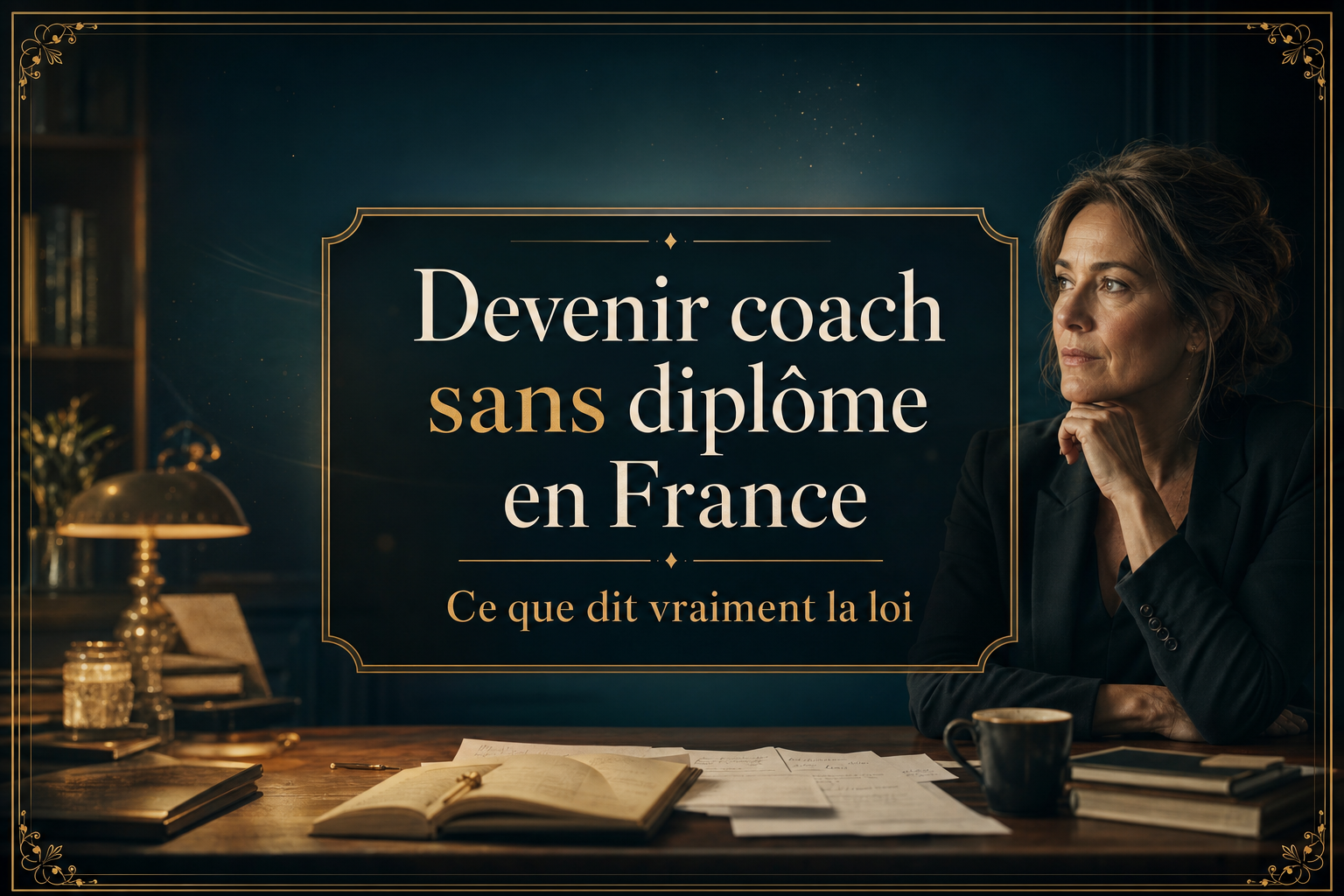 Femme mature réfléchie en étude de coaching, lumière dorée, cadre légal serein