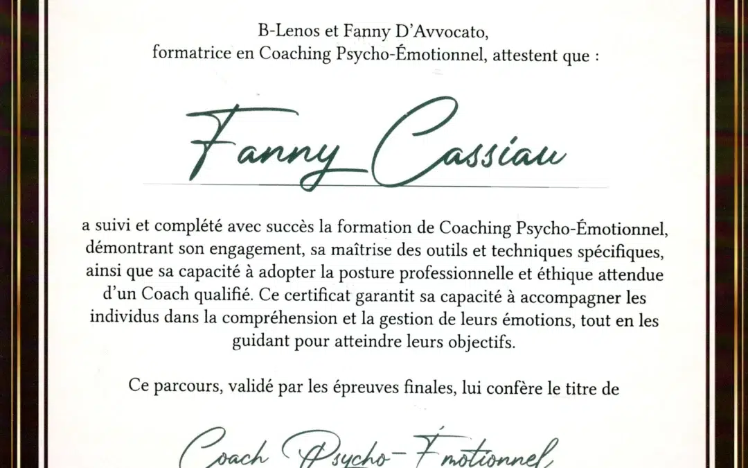 Fanny Cassiau – Coach de Vie en Psycho-Émotionnel certifiée B-Lenos®